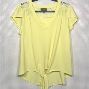Cute Yellow Front Tie V Neck Short Sleeve Shirt L